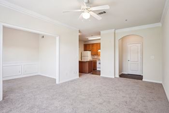 A spacious room with a ceiling fan and carpeted floor.